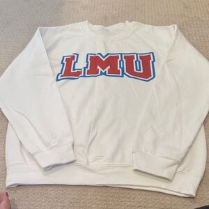 White Sweatshirt with Red and Blue LMU Design